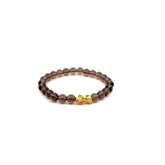 18K Gold Dragon Pixiu Piyao Lucky Charm Bracelet Gemstones Smoky Quartz 6mm - Picture 1 of 5